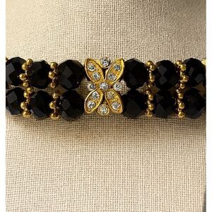 Y2K Vintage Butterfly Black Gold Tone Stretchy Rhinestone Beaded Bracelet 90s